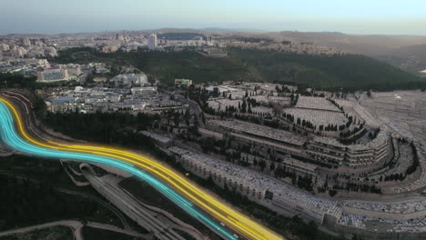 digital lines showing the traffic at the entrance to jerusalem, israel and har hamenuchot cemetery