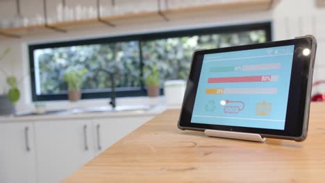 Tablet-with-smart-home-interface-on-wooden-table-in-kitchen,-slow-motion