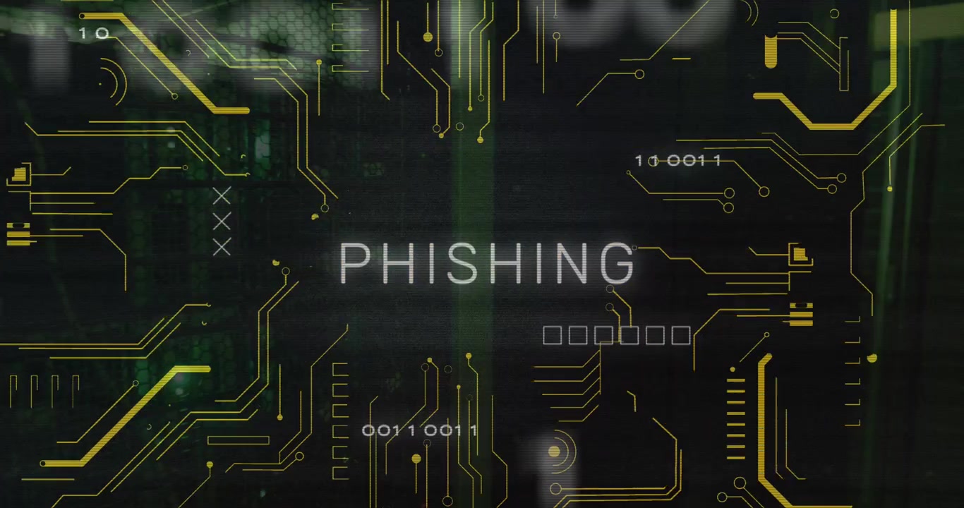 Animazione di testo di phishing e scheda di elaborazione su sala server