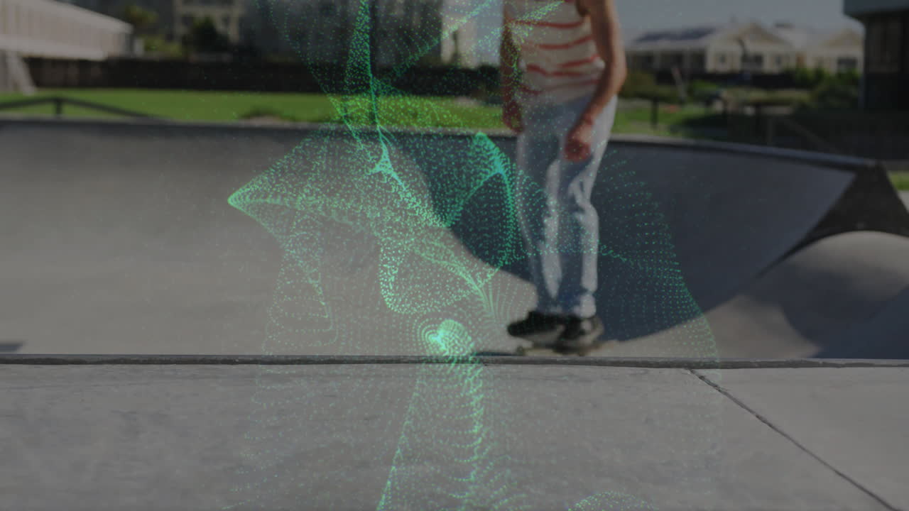 Male skateboarder performing trick in skate park glowing green mesh overlay visualizing tech motion