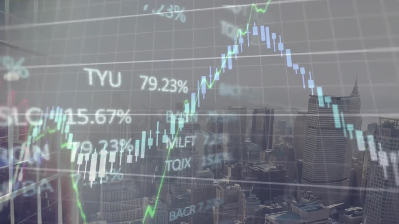 都市の空撮風景を背景に金融データと株式市場データを処理するアニメーション