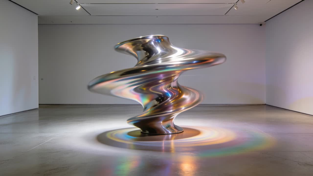Scultura rotante azionata da un motore in una galleria che cattura le luci del soffitto, proiettando anelli prismatici sul pavimento.