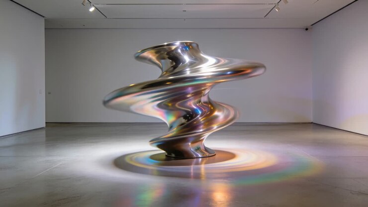 Escultura giratoria, activada por un motor en una galería, capta las luces del techo proyectando anillos prismáticos en el suelo.