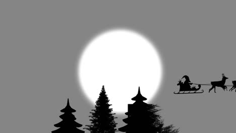 animation of santa claus in sleigh with reindeer over snow falling on grey background