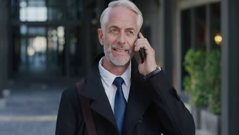 portrait successful senior businessman using smartphone answering phone call enjoying talking conversation on mobile phone professional entrepreneur chatting in city slow motion