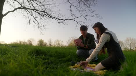 couple playing cards at sunset picnic