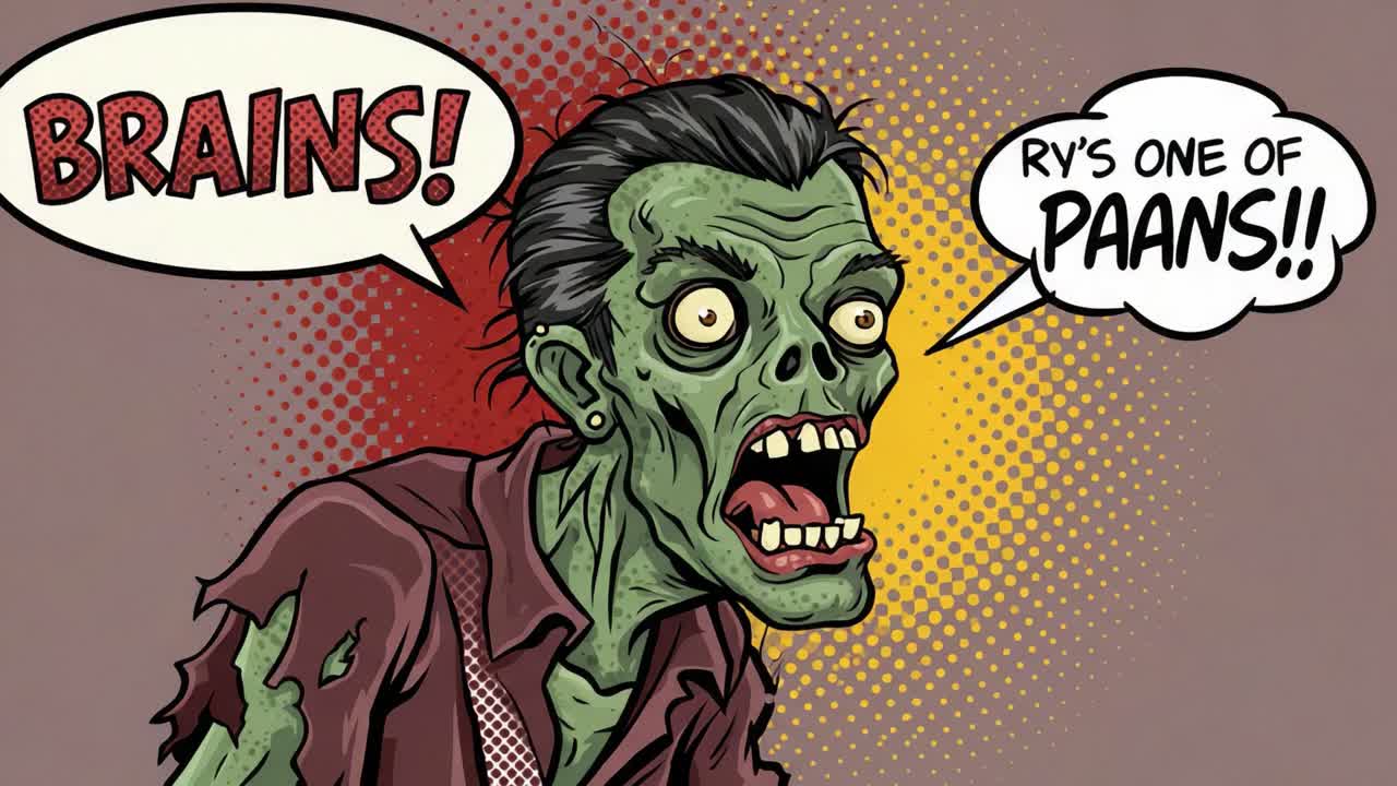 A comic-style zombie character exclaims 'Brains!' in a colorful and expressive manner, showcasing vivid artwork and playful dialogue in a humorous context