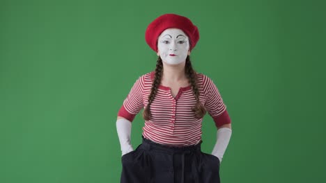 confused mime artist checking pockets finding loss of her stuff