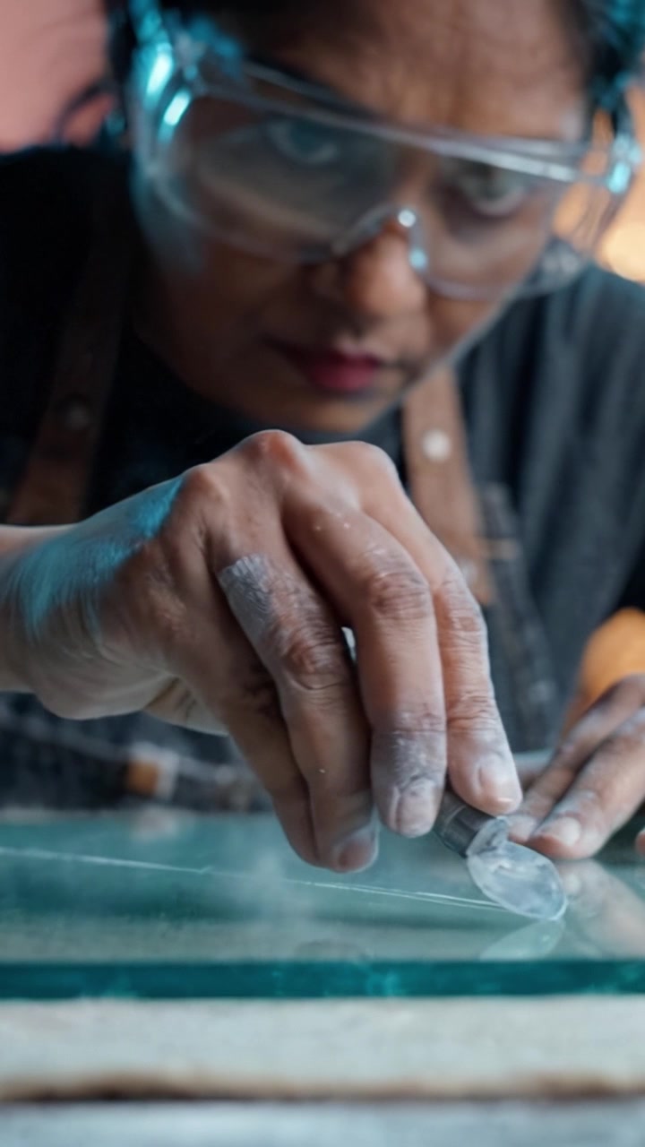 Craftsperson Skillfully Working with Glass, Demonstrating Precision and Technique in a Workshop Environment, Showcasing Focus and Attention to Detail