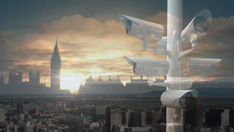 animation of moving surveillance camera over cityscape