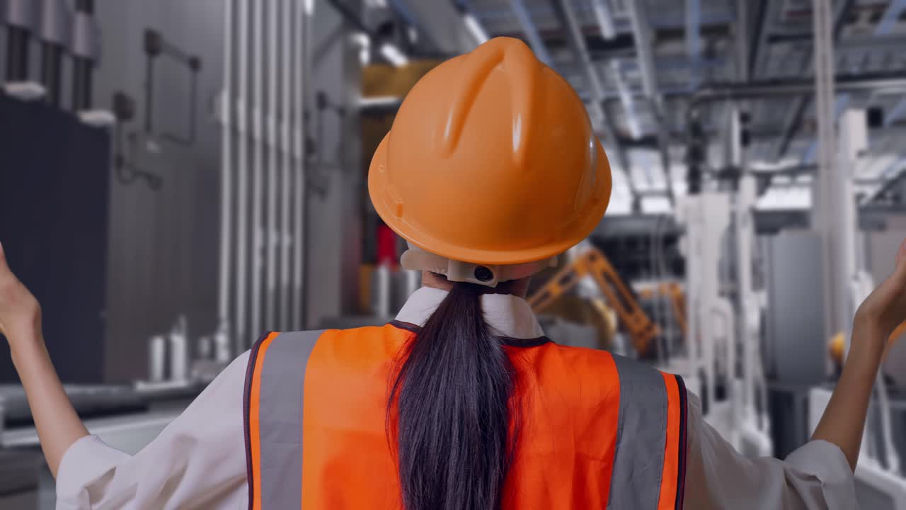 Primo piano, vista posteriore di un'ingegnera con elmetto di sicurezza che allarga le braccia mentre è in piedi, all'interno di una moderna fabbrica con una linea di produzione automatizzata di batterie.