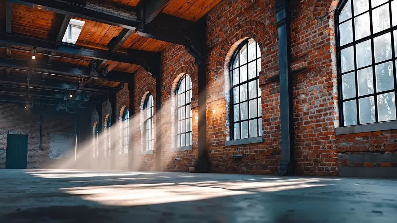 A large room with brick walls and large windows