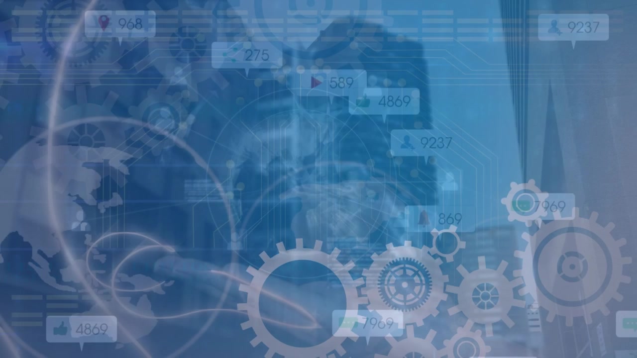 Animation of data processing with icons over cityscape