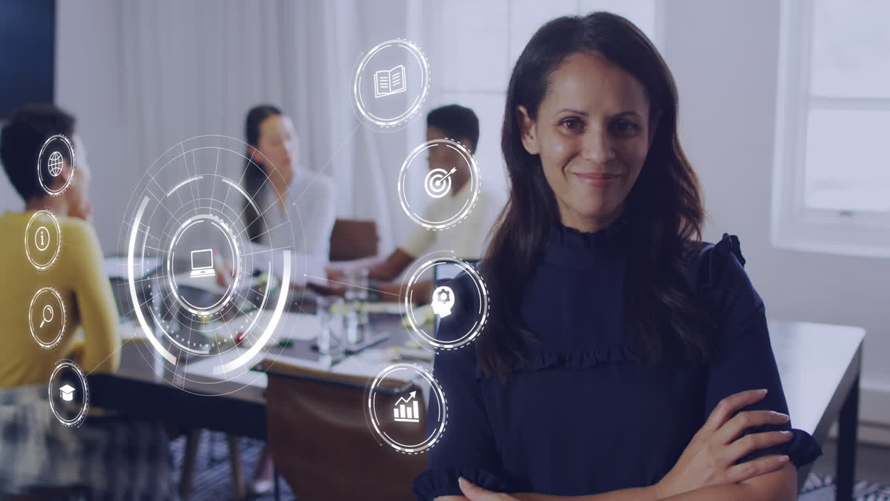 animación de iconos y conexiones sobre diversas personas de negocios en la oficina