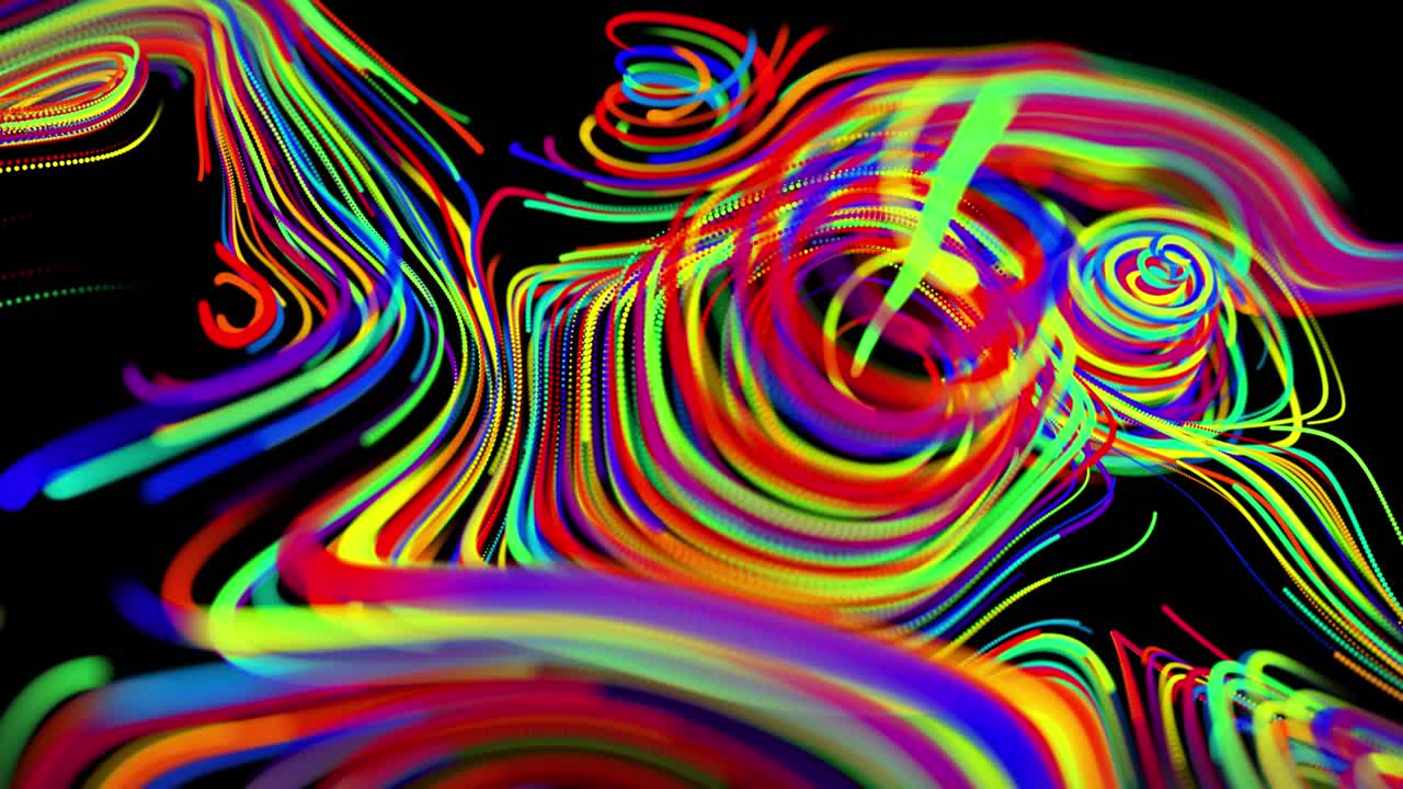 el flujo de partículas forma líneas rizadas como rastros de brillo de diferentes colores, las líneas forman un patrón giratorio como ruido de rizado. abstracto 3d bucle de flujo de animación como fondo festivo creativo brillante
