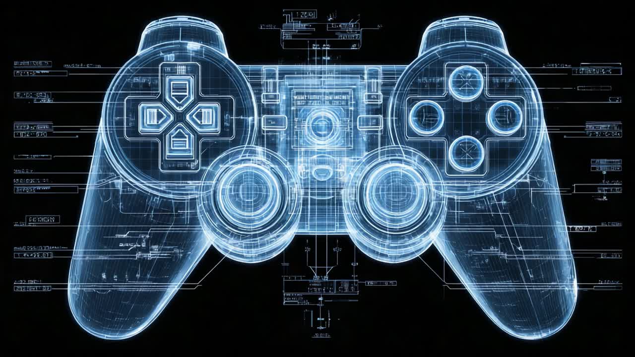 A Detailed Blueprint Representation of a Modern Gaming Controller Featuring Intricate Technical Diagrams and Design Elements for Enhanced User Experience