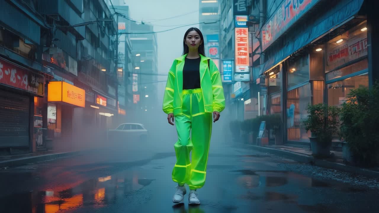 Woman in Neon Outfit on City Street at Night