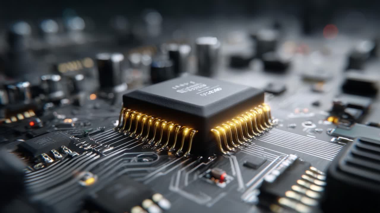 Close-Up View of a High-Tech Microchip on a Circuit Board, Highlighting Intricate Details and Connections for Advanced Electronics Applications