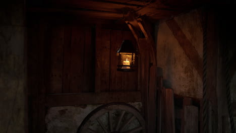 a dimly lit rustic room with an old candle lantern hanging on a wooden wall