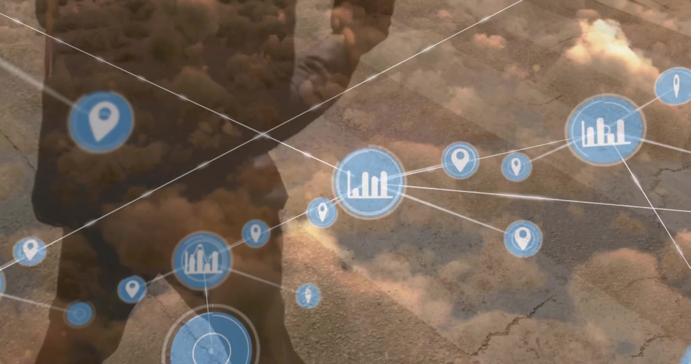 Animation of network of connections over legs of businessman and clouds