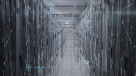 animation of network of connections with data processing over server room