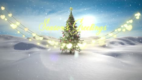 Animación-Del-Texto-De-Saludos-De-Temporada-Con-Luces-De-Colores-Sobre-El-árbol-De-Navidad-Y-El-Paisaje-Invernal