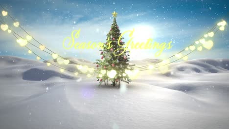 Animation of season&#039;s greetings text with fairy lights over christmas tree and winter landscape
