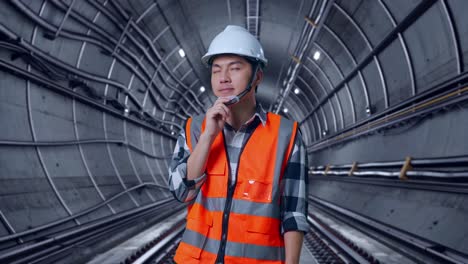 Asian Male Engineer With Safety Helmet Thinking About Something And Looking Around While Standing In Underground Subway Tunnel