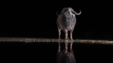 cautious cape buffalo at night sniffs air, black reflection in water