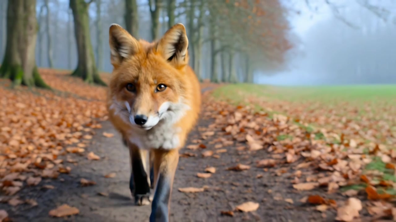 Rotfuchs mit Halsband nähert sich der Kamera, geht einen laubbedeckten Feldweg entlang und erkundet die Umgebung.