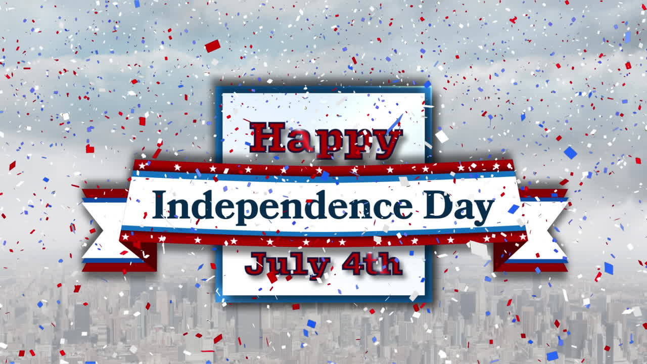 анимация "счастливого четвертого июля, дня независимости" текст над конфетами и городским пейзажем