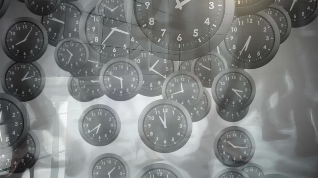 Animation of multiple ticking clocks falling against low section of businesspeople walking at office