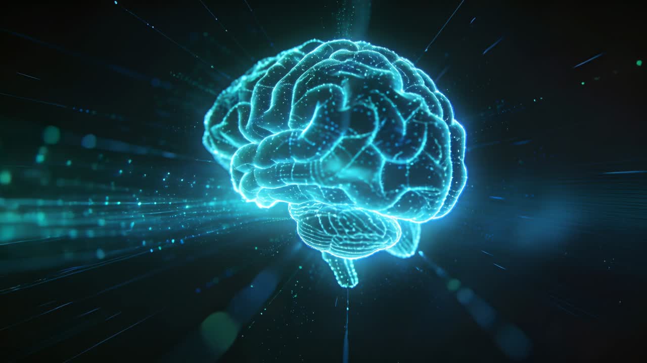 Rotating neon-cyan brain brightening as left particles starting motion in space field, showing data