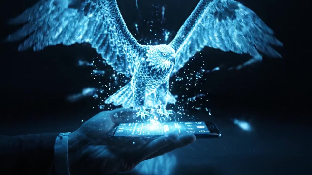 Uma Mão Segurando um Smartphone Projeta uma Impressionante Águia Holográfica Planando Levemente Acima, Capturando a Interseção Entre Natureza e Tecnologia Avançada