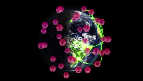 animación de una red de iconos digitales y senderos de luz verde sobre un globo giratorio sobre un fondo negro