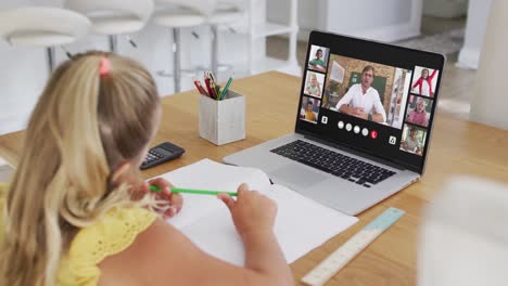 schoolgirl using laptop for online lesson at home, with diverse teacher and class on screen