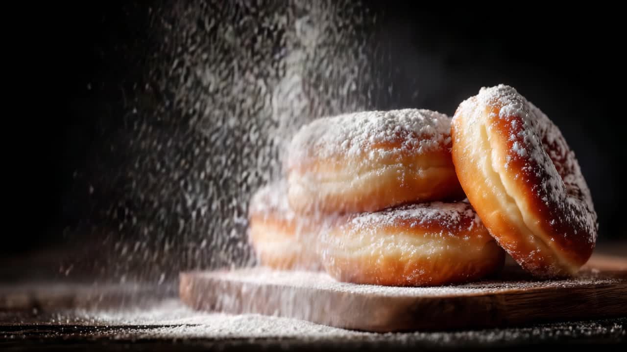 Ein köstlicher Stapel Donuts, bestreut mit Puderzucker, der ihre unwiderstehliche Süße und flauschige Textur in einem Spiel aus Licht und Schatten zur Geltung bringt.