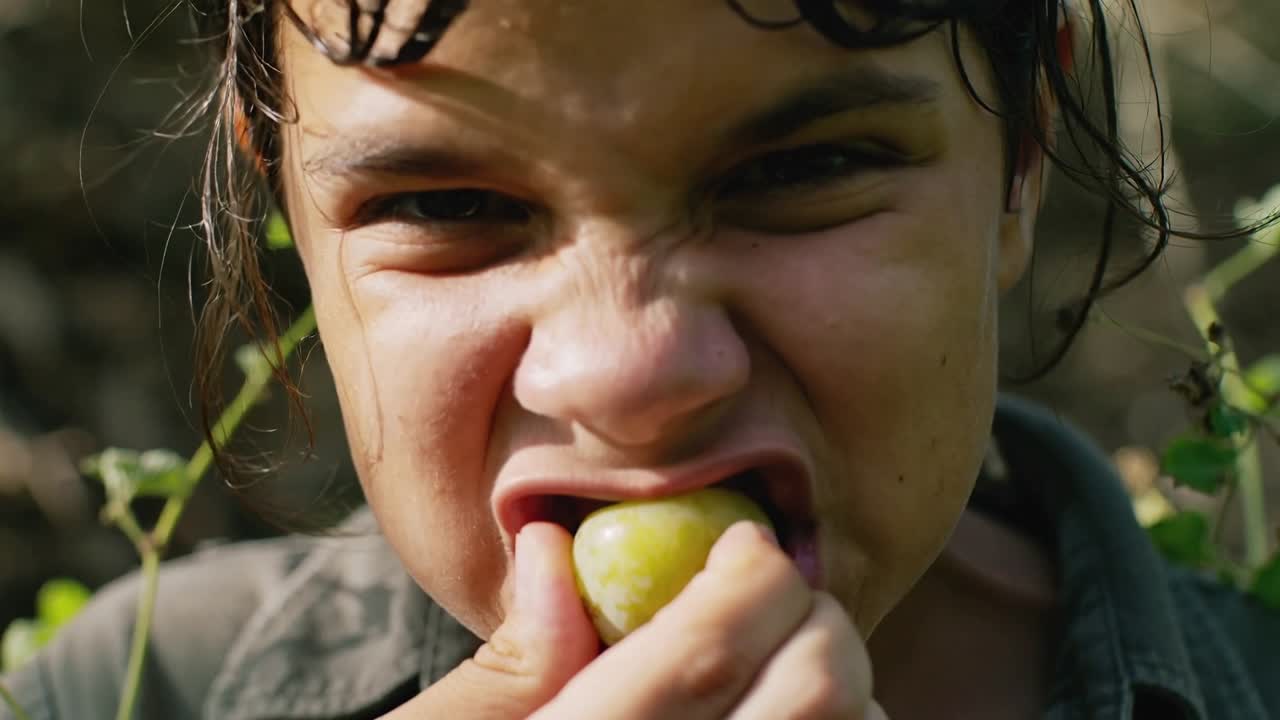 Teen bringing green-yellow fruit to mouth, biting and tasting food for ripeness among sunlit shrubs