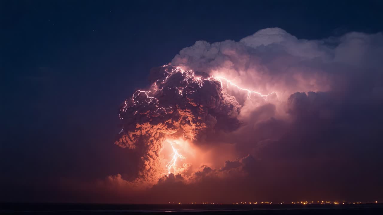 Stunning display of nature's fury as lightning illuminates the dark clouds during a thunderstorm, showcasing the awe-inspiring power of weather phenomena
