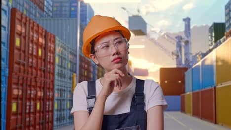 close up of asian woman worker wearing goggles and safety helmet thinking and looking around then raising her index finger while standing at container yard warehouse