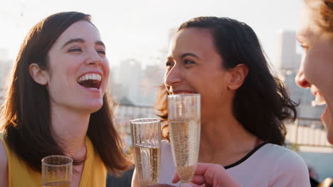 amigas haciendo un brindis para celebrar en la terraza del techo con el horizonte de la ciudad en el fondo