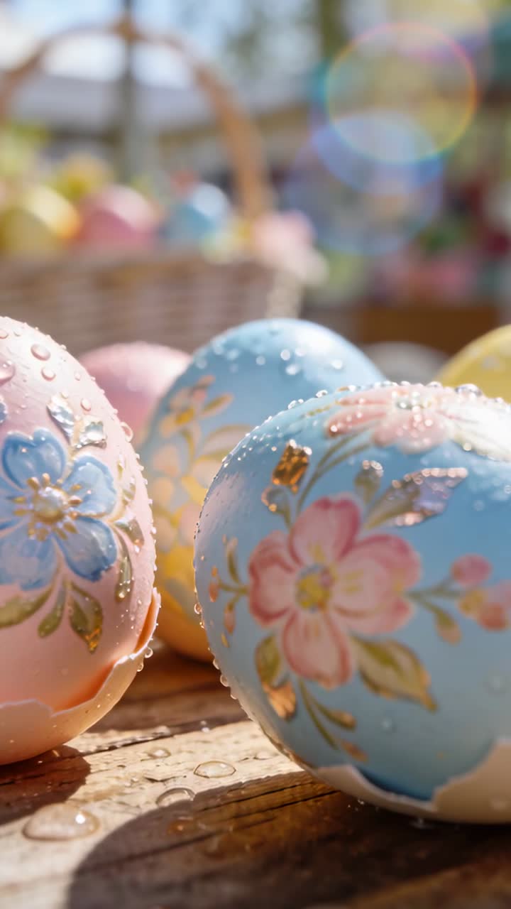 Vertical video: Sliding camera revealing painted pastel eggs on sunlit table showing gold droplets
