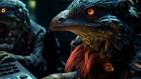 futuristic reptilian beings use high-tech in a dark setting