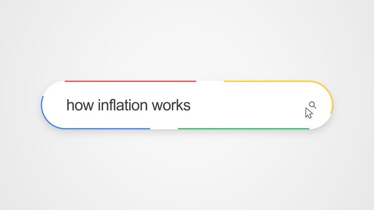 Close-up view of typing "how inflation works" into an online search bar with a cursor clicking the search icon, illustrating internet search and economic education research