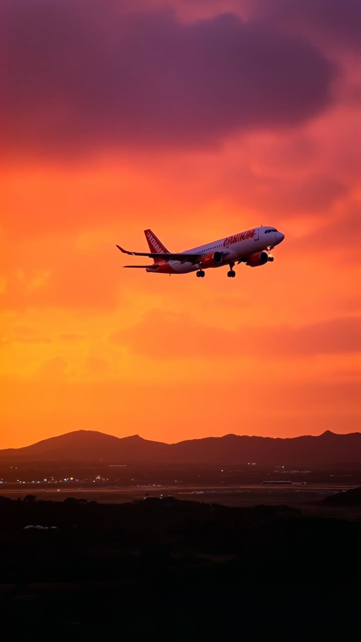 Airplane flying against a vibrant sunset sky