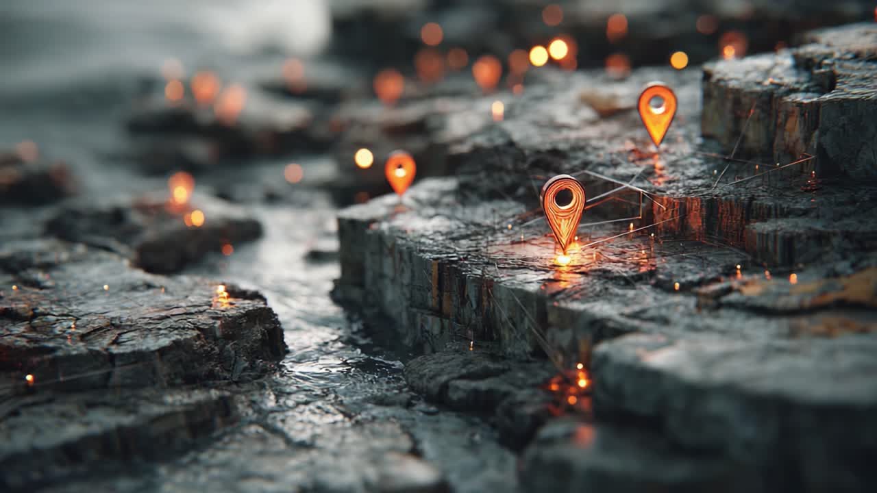 Illuminated Location Pins on Textured Rocks: A Closeup of Digital Mapping Elements Merging with Natural Terrain Under Soft Lighting