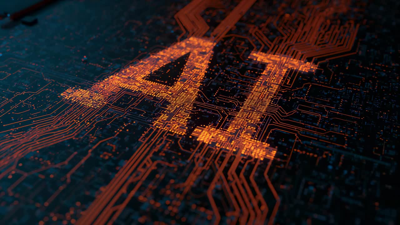 Pulsing LED nodes racing along copper traces forming glowing AI letters on dark PCB, showing flow
