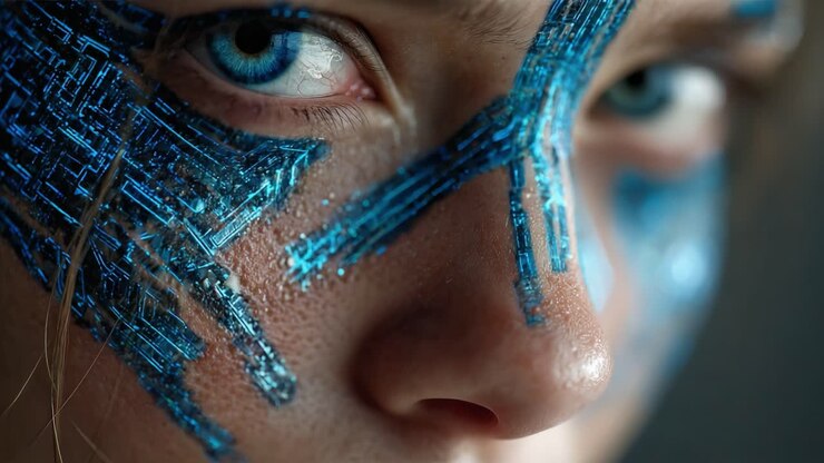 Primo piano di un volto femminile decorato con intricati modelli digitali, che mostra vivaci design blu simili a circuiti che esaltano i suoi occhi sorprendenti e l'aspetto futuristico