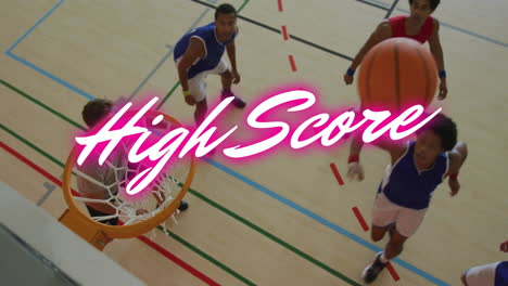 on court, basketball players with high score animation text overlay in pink