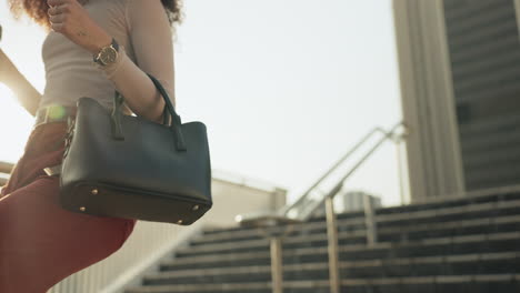 business, woman and walking on stairs with coffee